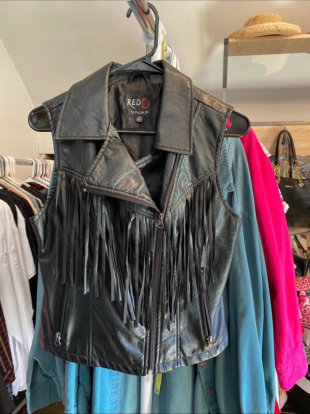 Black Fringe Faux Leather Vest
